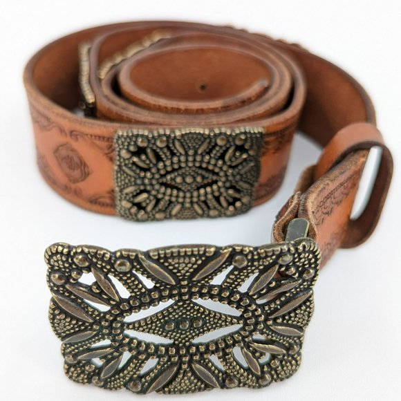 Fossil Belt L 40in Brown Gold Tooled Genuine Leather Metal Buckle Accent Adjusts - Picture 4 of 10